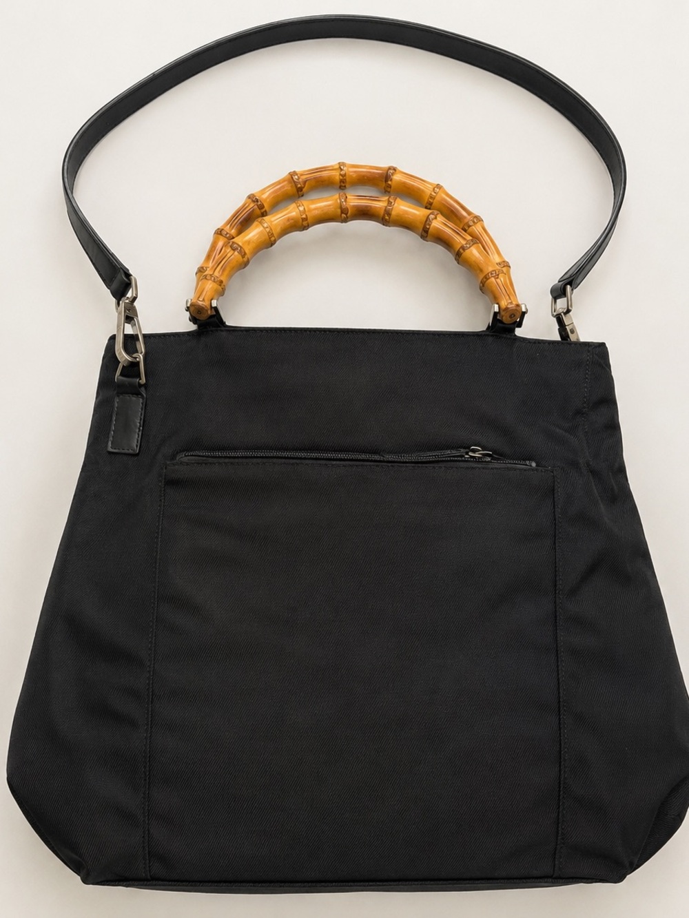 Vintage Gucci Bamboo Nylon Shoulder Tote Bag Black Italy